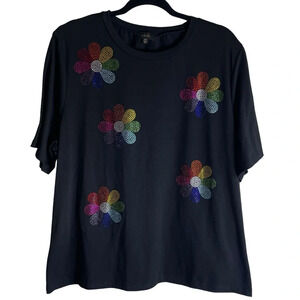 On Twelfth Short Sleeve Crewneck T Shirt Black Multicolor Sequin Floral 3X
